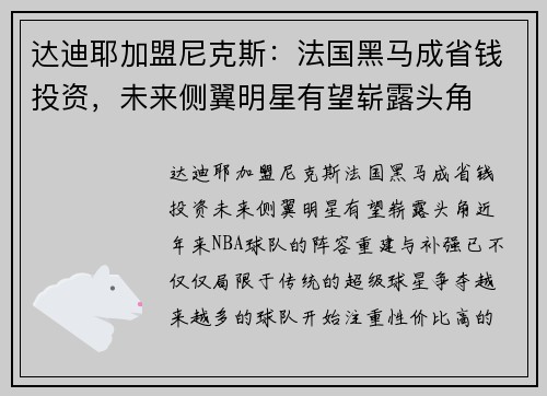 达迪耶加盟尼克斯：法国黑马成省钱投资，未来侧翼明星有望崭露头角